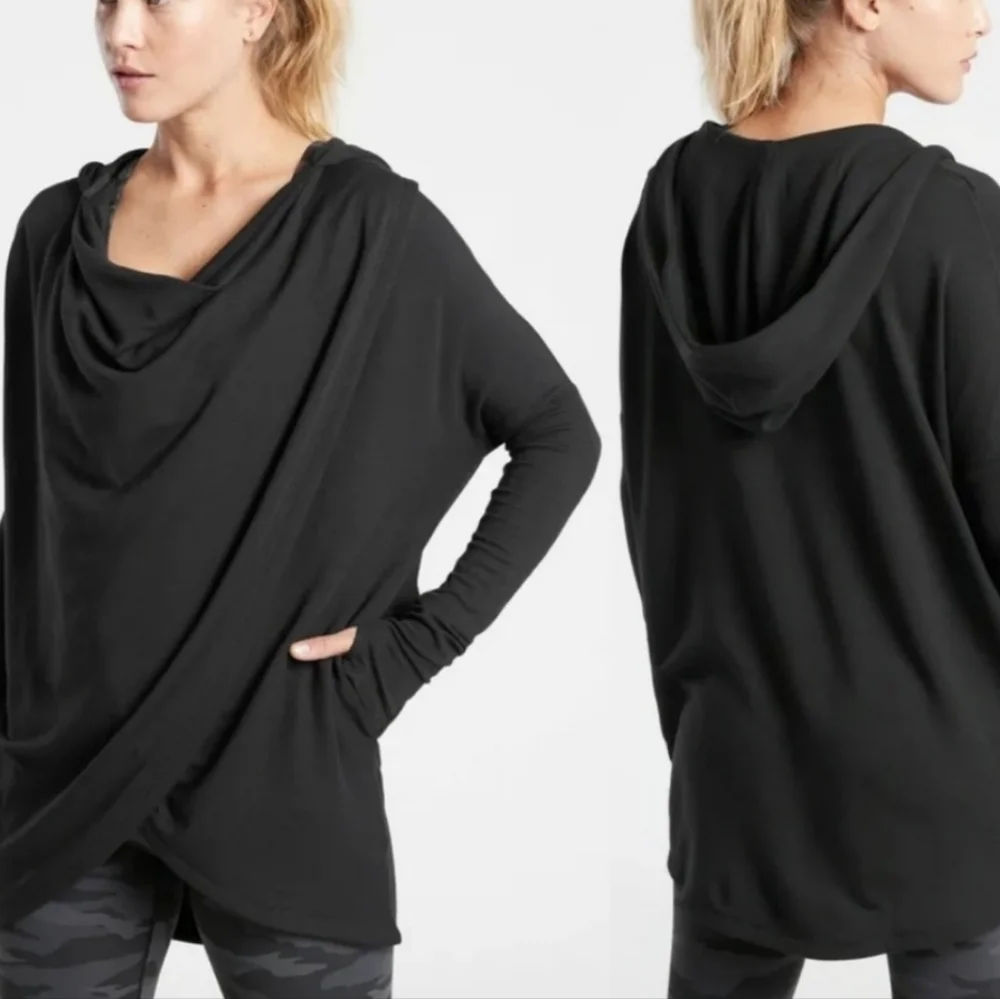 ATHLETA Purana Drape Black Longsleeve Pullover Hoodie Top Size XS - Picture 2 of 7